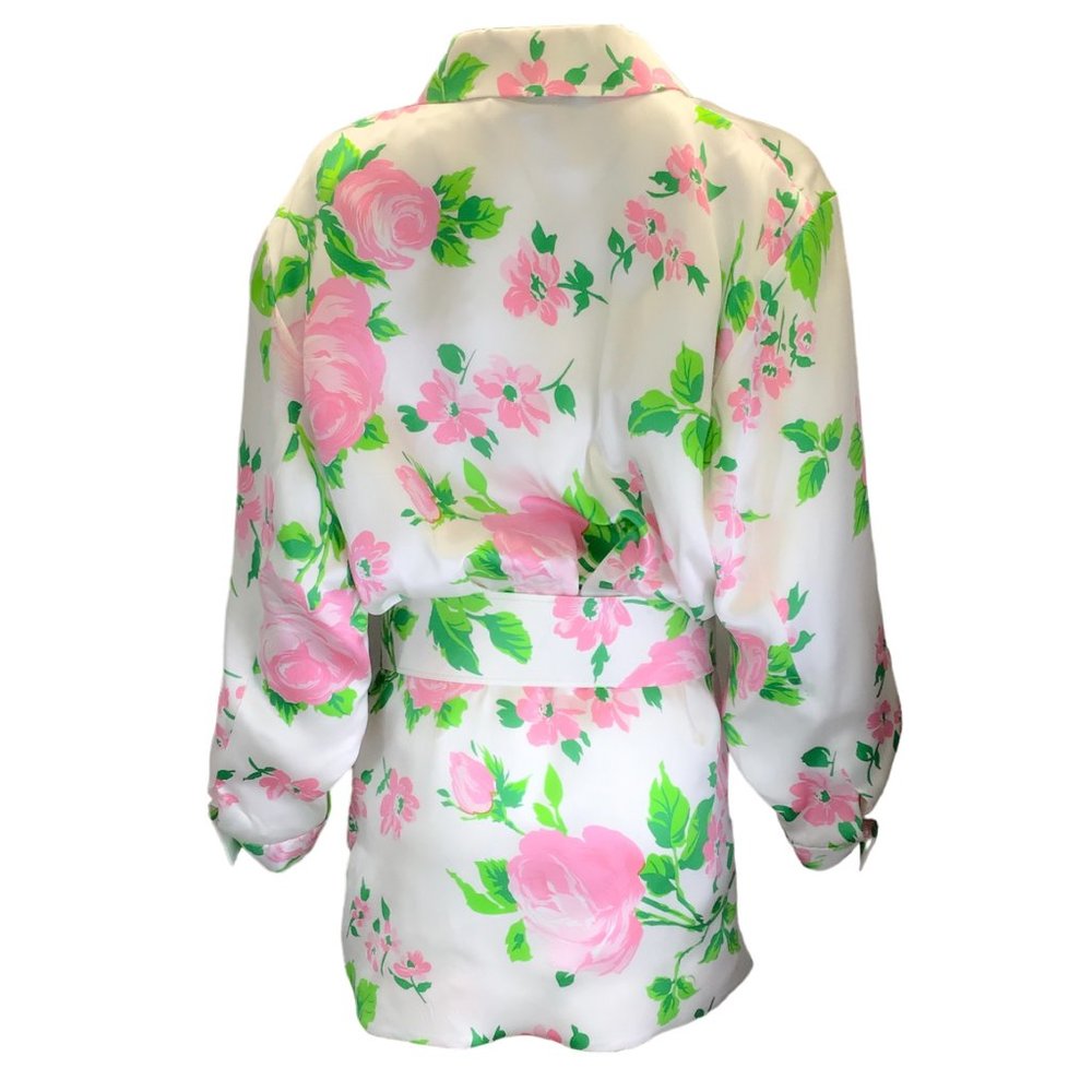 RICHARD QUINN WHITE / PINK MULTI FLORAL PRINTED BELTED LONG SLEEVED BUTTON-DOWN - Picture 3 of 4